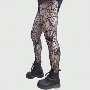 Collants Gothiques Résille Noire à Motif Toile d’Araignée et Araignées.