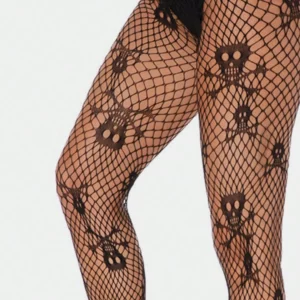 Collants à Motif Têtes de Mort sur Résille Noire Ajourée.