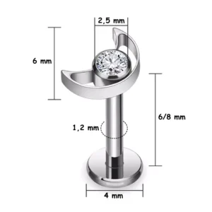 Piercing Croissant de Lune Ajouré à Zircon Serti (dimensions).