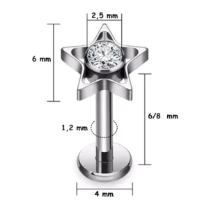 Piercing Labret Titane ASTM-F136 à Étoile Ajourée avec Zircon Serti (dimensions).