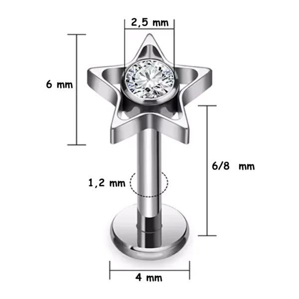 Piercing Labret Titane ASTM-F136 à Étoile Ajourée avec Zircon Serti (dimensions) Piercing Labret Titane ASTM-F136 à Étoile Ajourée avec Zircon Serti (dimensions).
