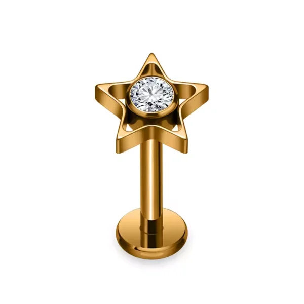 Piercing Labret Titane à Étoile Ajourée avec Zircon Serti (variante couleur doré anodisé) Piercing Labret Titane à Étoile Ajourée avec Zircon Serti (variante couleur doré anodisé).
