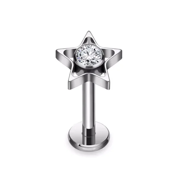 Piercing Labret Titane à Étoile Ajourée avec Zircon Serti (variante couleur gris argenté) Piercing Labret Titane à Étoile Ajourée avec Zircon Serti (variante couleur gris argenté).