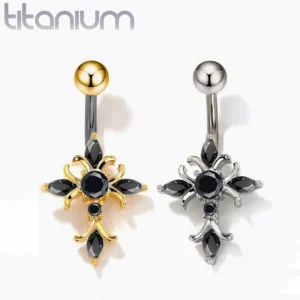 Piercing Nombril Croix Sertie de Zircons Noirs.