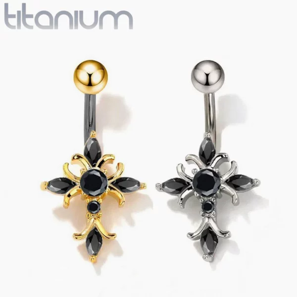 Piercing Nombril Croix Sertie de Zircons Noirs.