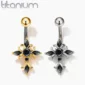 Piercing Nombril Croix Sertie de Zircons Noirs.