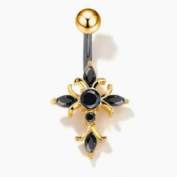 Piercing Nombril Croix Sertie de Zircons Noirs (variante anodisée doré) Piercing Nombril Croix Sertie de Zircons Noirs (variante anodisée doré).