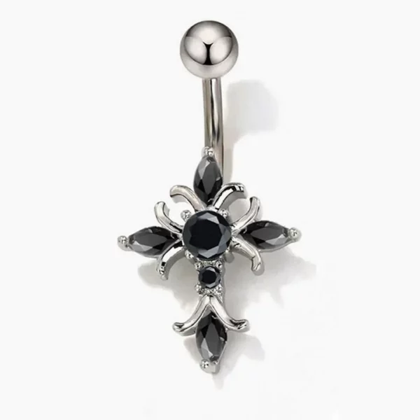 Piercing Nombril Croix Sertie de Zircons Noirs (variante grise argentée) Piercing Nombril Croix Sertie de Zircons Noirs (variante grise argentée).