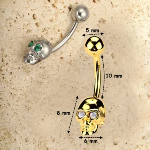 Piercing Nombril Tête de Mort aux Yeux Scintillants (dimensions).