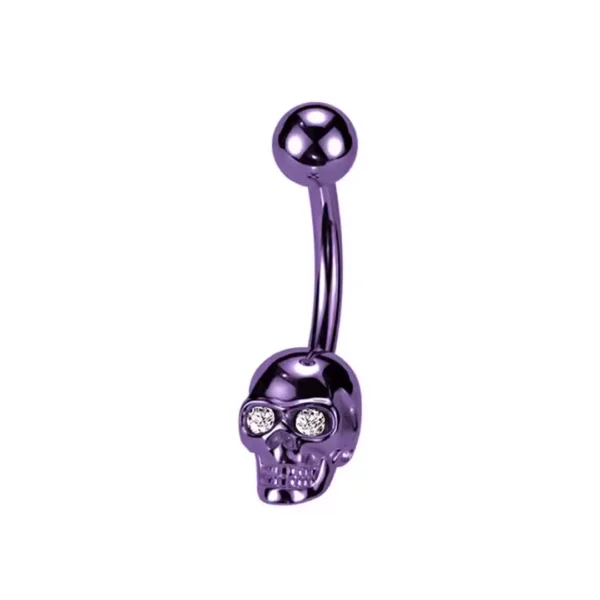 Piercing Nombril Tête de Mort aux Yeux Scintillants (variante couleur violet et zircons blancs) Piercing Nombril Tête de Mort aux Yeux Scintillants (variante couleur violet et zircons blancs).