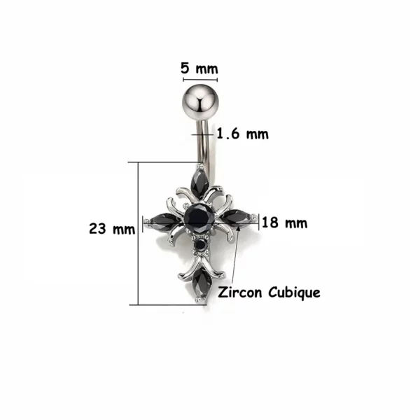 Piercing Nombril en Titane ASTM-F136 à Croix Sertie de Zircons Noirs (dimensions) Piercing Nombril en Titane ASTM-F136 à Croix Sertie de Zircons Noirs (dimensions).