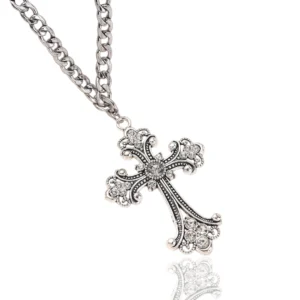 Collier Croix Gothique Stylisée Constellée de Zircons.