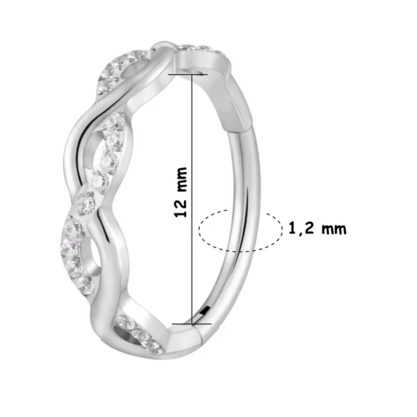 Piercing Anneau Clicker en Titane ASTM-F136 Torsadé à Zircons Sertis (variante gris argenté 12 mm) Piercing Anneau Clicker en Titane ASTM-F136 Torsadé à Zircons Sertis (variante gris argenté 12 mm).