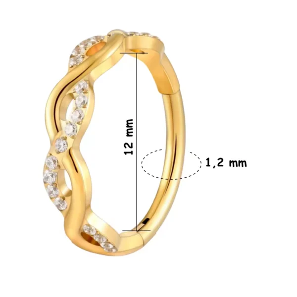 Piercing Anneau à Charnière (Clicker) en Titane Torsadé à Zircons Sertis (variante anodisé doré 12 mm de diamètre interne) Piercing Anneau à Charnière (Clicker) en Titane Torsadé à Zircons Sertis (variante anodisé doré 12 mm de diamètre interne).