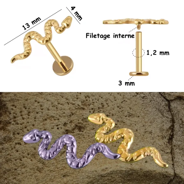 Piercing Labret Titane à Motif Serpent Réaliste (dimensions) Piercing Labret Titane à Motif Serpent Réaliste (dimensions).
