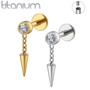 Piercing Labret Titane à Zircon Serti & Spike Suspendu.