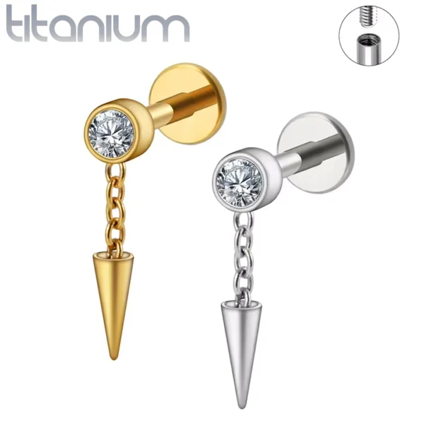 Piercing Labret Titane à Zircon Serti & Spike Suspendu.