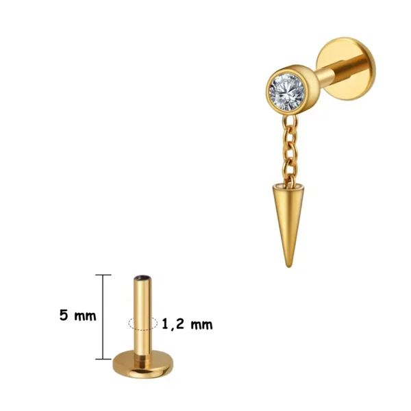 Piercing Labret Titane à Zircon Serti & Spike Suspendu (variante 5 mm anodisé doré) Piercing Labret Titane à Zircon Serti & Spike Suspendu (variante 5 mm anodisé doré).