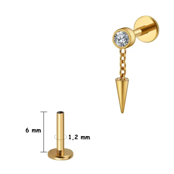 Piercing Labret Titane à Zircon Serti & Spike Suspendu (variante 6 mm couleur doré par anodisation) Piercing Labret Titane à Zircon Serti & Spike Suspendu (variante 6 mm couleur doré par anodisation).