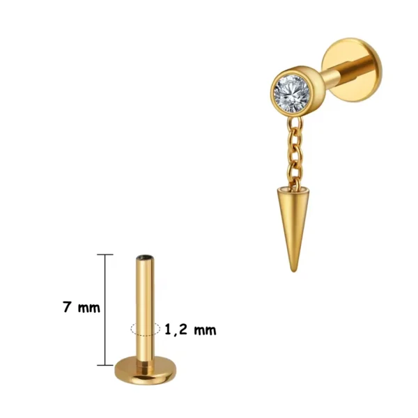 Piercing Labret Titane à Zircon Serti & Spike Suspendu (variante 7 mm couleur doré) Piercing Labret Titane à Zircon Serti & Spike Suspendu (variante 7 mm couleur doré).