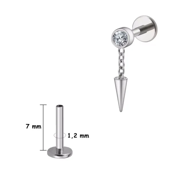 Piercing Labret Titane à Zircon Serti & Spike Suspendu (variante 7 mm titane naturel) Piercing Labret Titane à Zircon Serti & Spike Suspendu (variante 7 mm titane naturel).