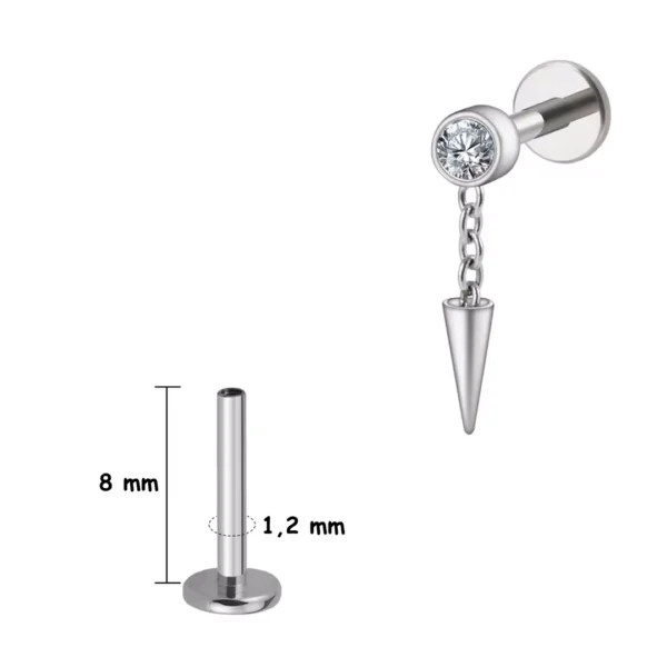 Piercing Labret Titane à Zircon Serti & Spike Suspendu (variante 8 mm titane brut) Piercing Labret Titane à Zircon Serti & Spike Suspendu (variante 8 mm titane brut).