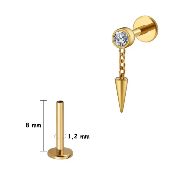 Piercing Labret Titane à Zircon Serti & Spike Suspendu (variante 8 mm titane doré) Piercing Labret Titane à Zircon Serti & Spike Suspendu (variante 8 mm titane doré).