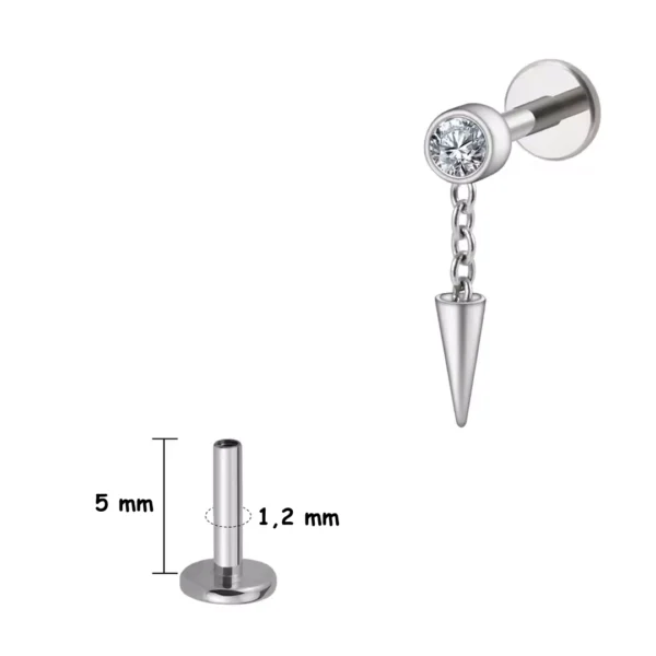 Piercing Labret Titane à Zircon Serti & Spike Suspendu (variante titane brut 5 mm) Piercing Labret Titane à Zircon Serti & Spike Suspendu (variante titane brut 5 mm).
