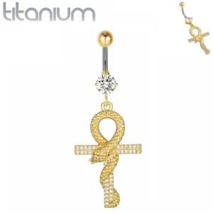 Piercing Nombril Serpent Enroulé Autour d’une Croix Ankh.