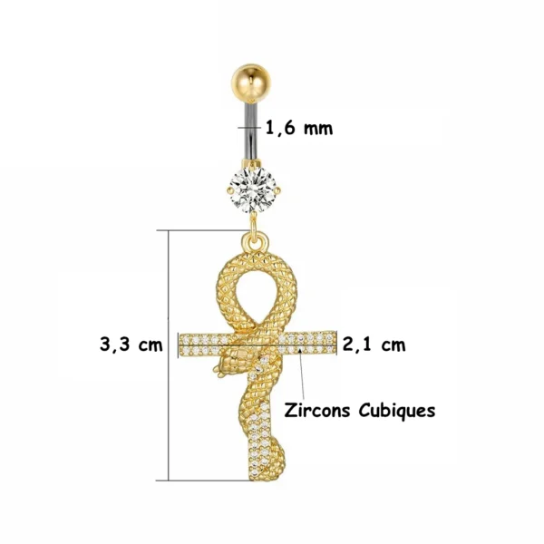 Piercing Nombril Serpent Enroulé Autour d’une Croix Ankh en Titane ASTM-F136 (dimensions) Piercing Nombril Serpent Enroulé Autour d’une Croix Ankh en Titane ASTM-F136 (dimensions).