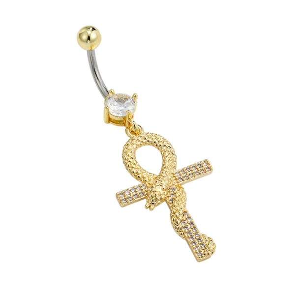 Piercing Nombril Serpent Enroulé Autour d’une Croix Ankh en Titane Doré Piercing Nombril Serpent Enroulé Autour d’une Croix Ankh en Titane Doré.