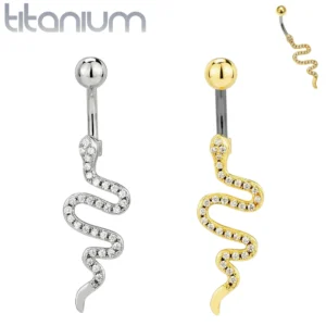 Piercing Nombril Serpent Pavé de Zircons Titane Brut ou Doré.