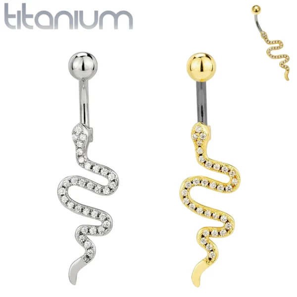 Piercing Nombril Serpent Pavé de Zircons Titane Brut ou Doré.