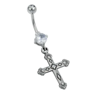 Piercing Nombril Titane ASTM-F136 à Zircon Lumineux et Pendentif Croix en Acier Chirurgical 316L.