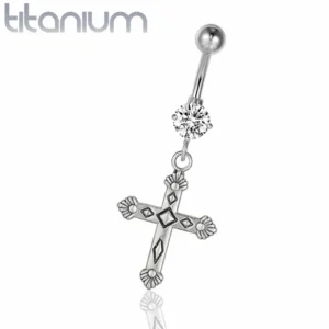 Piercing Nombril Titane à Zircon Lumineux et Pendentif Croix.