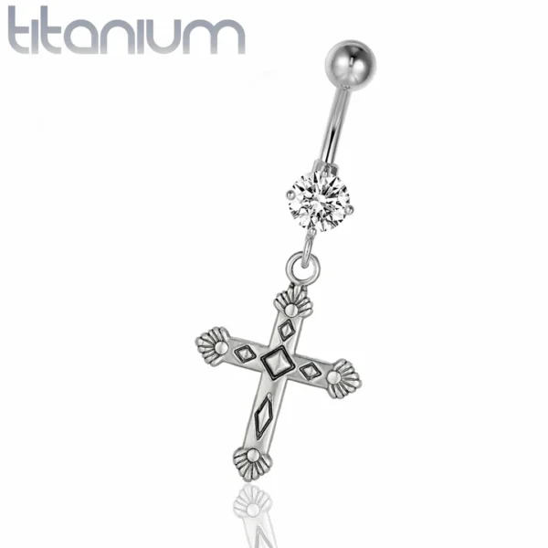 Piercing Nombril Titane à Zircon Lumineux et Pendentif Croix.