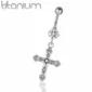 Piercing Nombril Titane à Zircon Lumineux et Pendentif Croix.