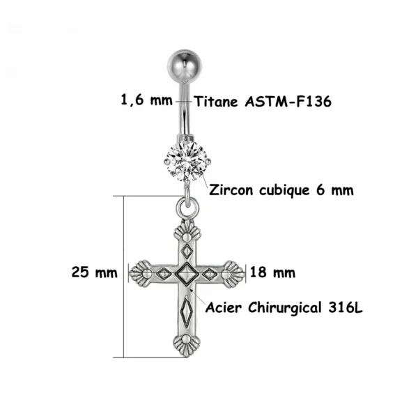 Piercing Nombril Titane à Zircon Lumineux et Pendentif Croix (dimensions et matières) Piercing Nombril Titane à Zircon Lumineux et Pendentif Croix (dimensions et matières).