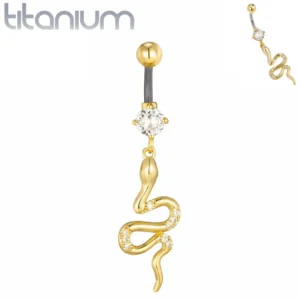 Piercing Nombril à Pendentif Serpent Doré en Titane.