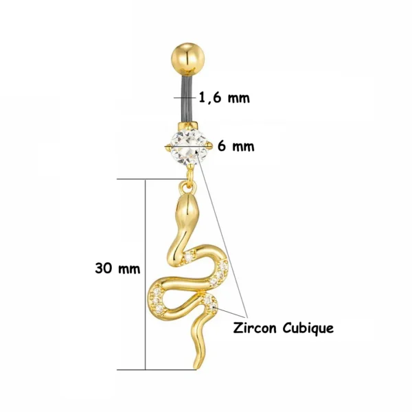 Piercing Nombril à Pendentif Serpent Doré en Titane (dimensions) Piercing Nombril à Pendentif Serpent Doré en Titane (dimensions).
