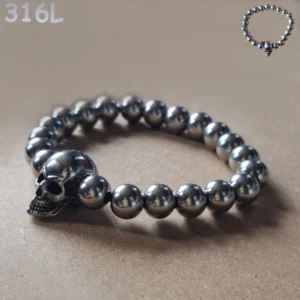 Bracelet Homme Tête de Mort en Acier 316L à Perles Lourdes.