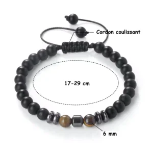 Bracelet Onyx Mat & Œil de Tigre 6mm avec Cordon Coulissant (dimensions).
