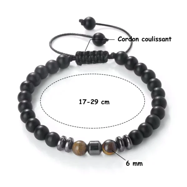 Bracelet Onyx Mat & Œil de Tigre 6mm avec Cordon Coulissant (dimensions) Bracelet Onyx Mat & Œil de Tigre 6mm avec Cordon Coulissant (dimensions).