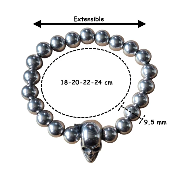 Bracelet Tête de Mort en Acier 316L à Perles Lourdes et Cordon Extensible (dimensions) Bracelet Tête de Mort en Acier 316L à Perles Lourdes et Cordon Extensible (dimensions).