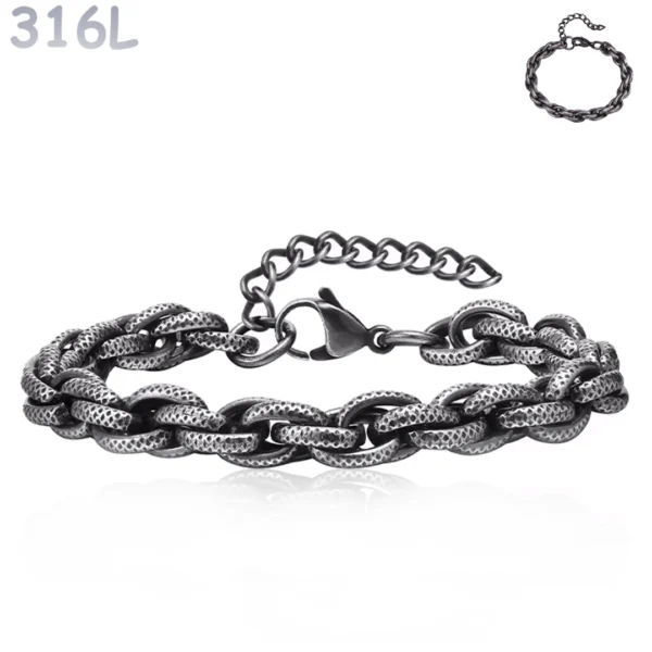 Bracelet en Acier Inoxydable Patiné à Maillage Torsadé.