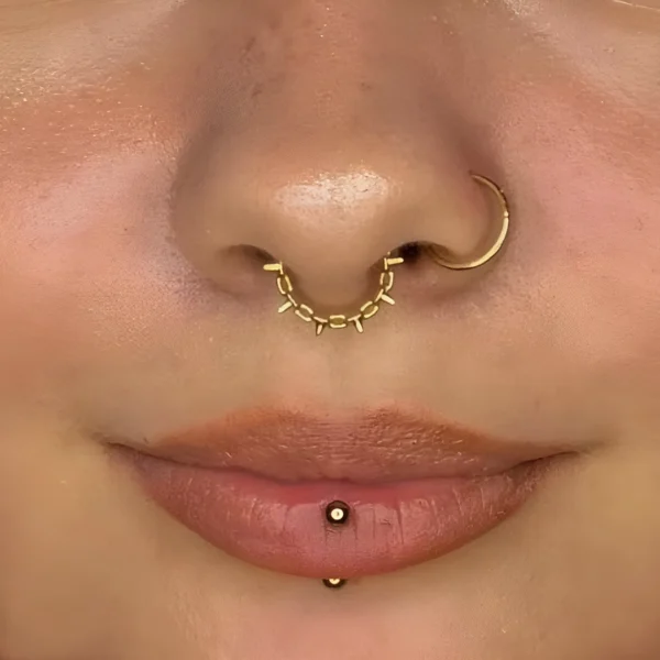 Femme avec un Piercing Anneau Clicker Chaîne Maillons à Pointes Fines au Septum Femme avec un Piercing Anneau Clicker Chaîne Maillons à Pointes Fines au Septum.