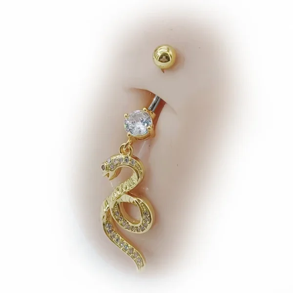 Nombril avec Piercing Serpent Élancé Titane Doré Pavé de Zircons Cubiques et Œil Rouge Nombril avec Piercing Serpent Élancé Titane Doré Pavé de Zircons Cubiques et Œil Rouge.