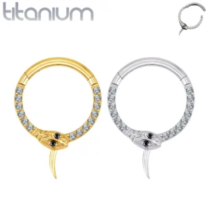 Piercing Anneau Clicker Serpent Ouroboros Titane & Zircons.