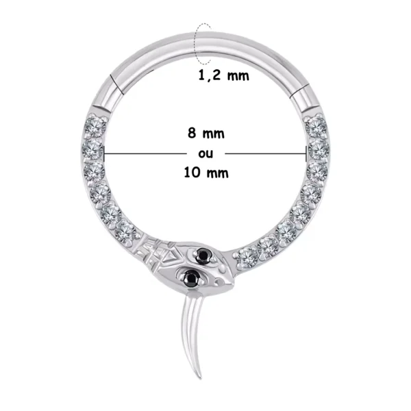 Piercing Anneau Clicker Serpent Ouroboros Titane & Zircons (couleur gris argenté) Piercing Anneau Clicker Serpent Ouroboros Titane & Zircons (couleur gris argenté).