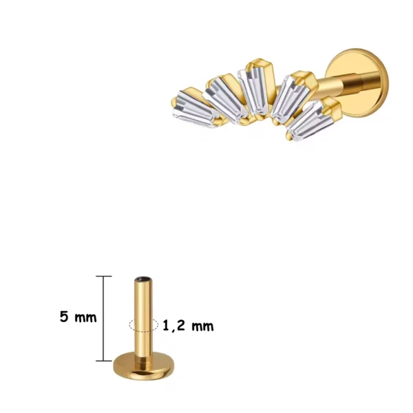 Piercing Labret Éventail Baguettes Zircons en Titane (variante 5 mm anodisé doré) Piercing Labret Éventail Baguettes Zircons en Titane (variante 5 mm anodisé doré).